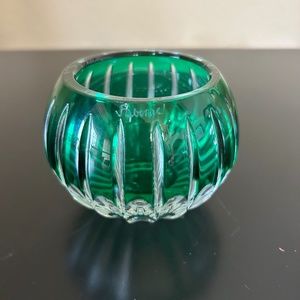 Vintage Faberge Green Crystal Votive Candle Holder Cut Clear Signed Vintage.